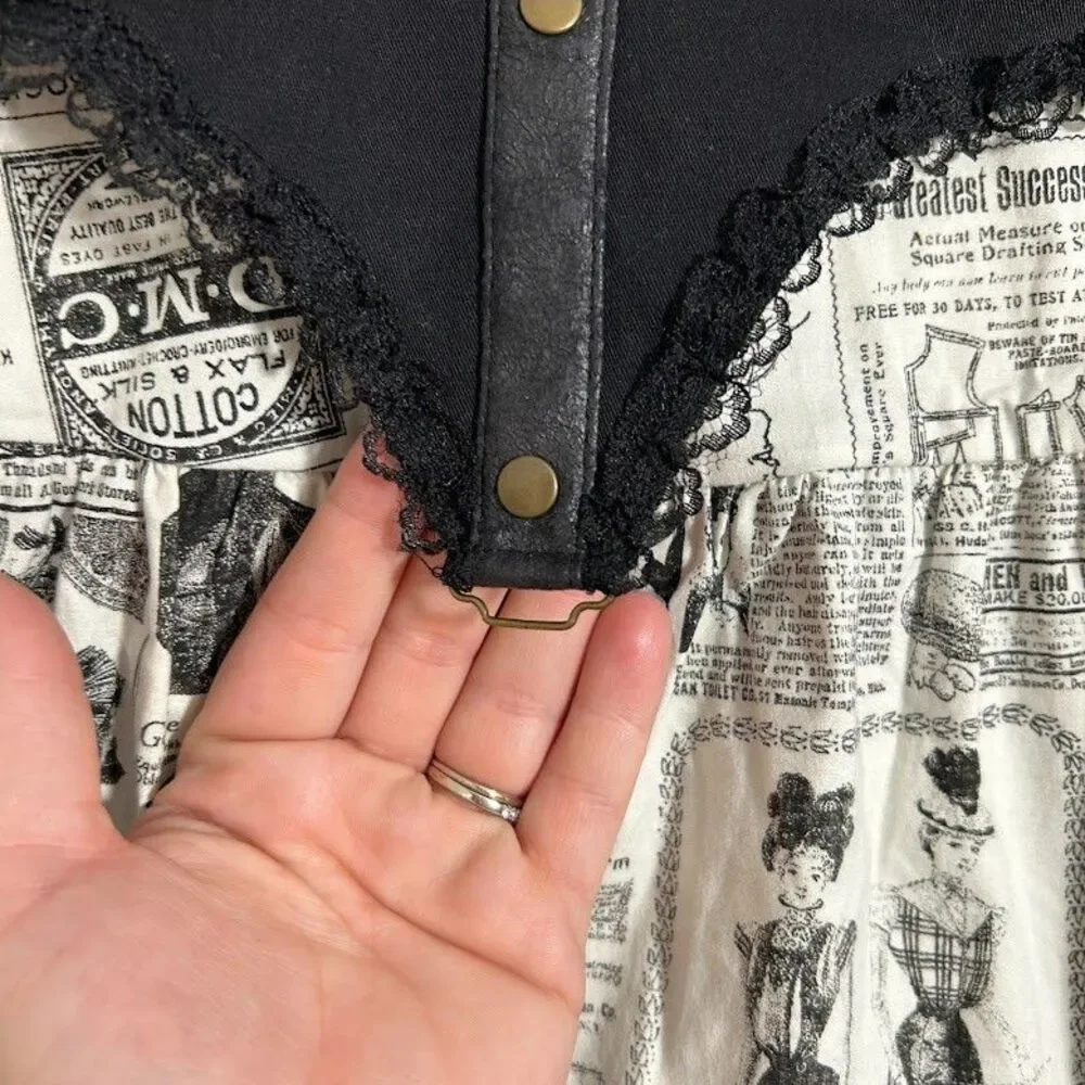 VTG Lip Service Step in Time Goth Steampunk Newsprint Mini Skirt XL Old News